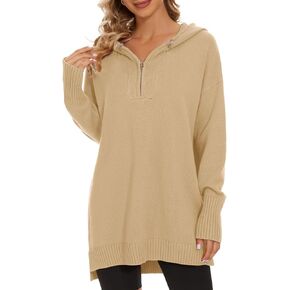 Women’s Hooded Sweater Loose Half Zip Drawstring Pullover Sweatshirt Top Casual Long Sleeve Side Slit Knit Hoodie