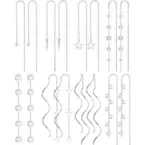 HAIAISO 8 Pairs Threader Dangle Earrings for Women 316L Stainless Steel Chain Tassel Earrings Lightweight Double Twist Wave Threader Drop Earrings Long Chain Earrings Set