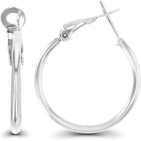 DECADENCE Sterling Silver Polished Omega Back Hoop Earrings for Women | 2x25mm Round Hoop Earrings | Secure Bar Closure | 14k Plated Shiny Classic Earrings