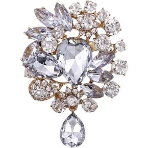 Womens Vintage Fashion Brooch Crystal Antiqued Gold Tone Bridal Big Teardrop Bouquet Style For Party Wedding Jewelry