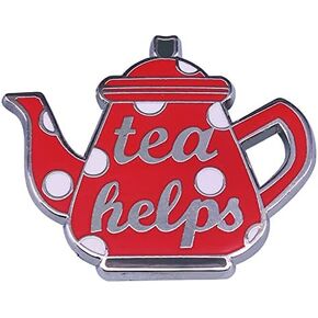 Teapot Pin Brooch for Women, Red Enamel with White Polka Dots, Words Tea Helps, Motivational, Mindfulness, Calmness, Relaxation Theme, Silver Tone, Cute Pot of Tea, One Inch Tall