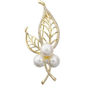 GUOXIAOMEI Two Leaves Brooch Pins Zircon CZ Gold Simulated Pearl Exquisite Jewelry for Men Women Scarf Crafts Vintage Dance Party Accessories