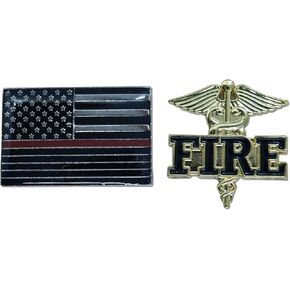 2-Piece Thin Red Line Flag & Fire Fighter Lapel or Hat Pin & Tie Tack Set with Clutch Back by Novel Merk