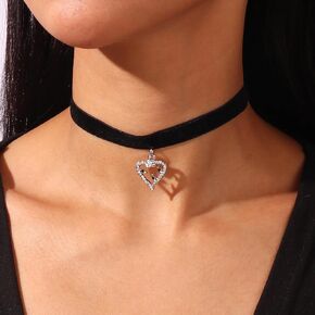 Zeshimb Gothic Black Velvet Choker Necklace Silver Cubic Zirconia Open Heart Collar Necklace Dainty Diamind Love Heart Choker Chain Necklace Cosplay Gifts Jewelry for Women Girls