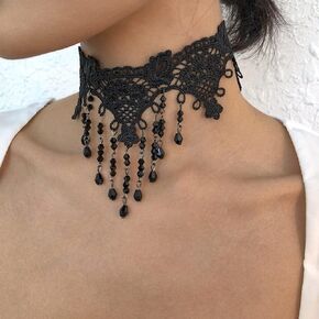 Hoodiess Kenfery Sexy Black Lace Choker Necklace Dainty Black Diamond-Cut Beaded Long Tassel Collar Necklace Wedding Prom Party Lace Necklace for Women and Girls (Style 2)