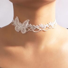 Zeshimb Vintage White Lace Choker Necklaces Plain Lace Collar Necklaces Butterfly Choker Necklace Elastic Lace Necklace Jewelry for Women and Girls