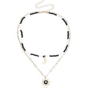 Layered Bohemian Evil Eye Round Disc Pendant Necklace Lucky Stackable Crystal Rhinestone Beads Moon Crescent Flower Choker Necklace for Women Girl Good Luck Protection Jewelry Gift
