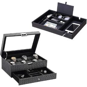 BEWISHOME Watch Box Organizer& Valet Tray for Men Dresser Organizer Nightstand Organizer Carbon Fiber Design Black