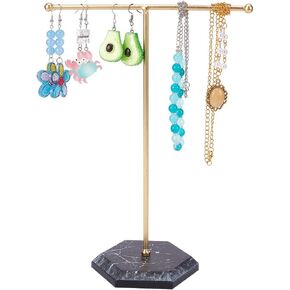 DELORIGIN Golden Tone T Bar Iron Jewelry Stand Display, Jewelry Organizer Stand with White Marble Stone Base, Jewelry Tree Stand for Earring, Ring, Necklace, Bracelet Storage, 3.58 x 4.13 x 10.15 Inches