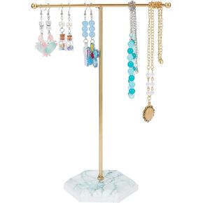 DELORIGIN Golden Tone T Bar Iron Jewelry Stand Display, Jewelry Organizer Stand with White Marble Stone Base, Jewelry Tree Stand for Earring, Ring, Necklace, Bracelet Storage, 3.58 x 4.13 x 10.15 Inches