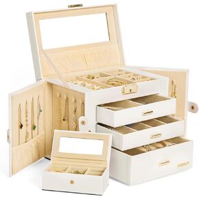 Homde Jewelry Box for Women Girls with Small Travel Case Mirror Necklace Ring Earrings Organizer (White + Gold) in Kuwait