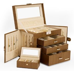 Homde Jewelry Box for Women Girls with Small Travel Case Mirror Necklace Ring Earrings Organizer (White + Gold)