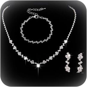 Silver Rhinestone Choker Bridal Pearl Jewelry Set for Women Bridesmaid Jewelry Set for Wedding Silver Crystal Necklace and Earring Set Prom Jewelry Sets Women's Jewelry Sets for Women Girls
