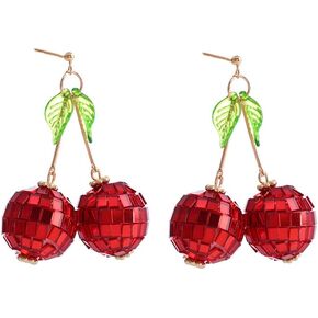 Cute Sweet Fruit Glitter Beads 3D Red Cherry Drop Earrings Disco Mirror Ball Earrings for Women Girls Dancing Party Jewelry