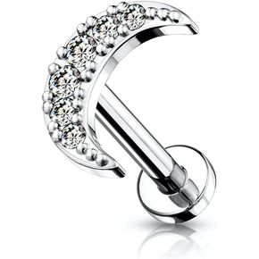 Amelia Fashion 16 Gauge CZ Paved Crescent Moon Top on Internally Threaded 316L Surgical Steel Flat Back Studs for Labret, Monroe, Cartilage and More