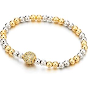 COOLSTEELANDBEYOND Beautiful Gold Silver Two-Tone Beads Bracelet for Women with Cubic Zirconia Ball