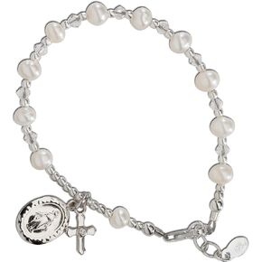 Precious Pieces Children's Sterling Silver First Communion Rosary Bracelet with Cultured Pearl and Crystal (6-6.5")