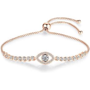 Solid 14K Gold Over 925 Silver Moissanite Evil Eye Bracelet for Women,Dainty Round Cut Moissanite Devil’s Eye Chain Bracelet,Lucky Jewelry Gift for Her,Adjustable 8" to 10"