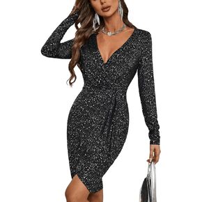 Floerns Women's Sparkly Wrap Clubwear V Neck Long Sleeve Bodycon Midi Dress