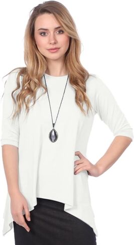 Kosher Casual Women’s High Neck Tunic Top with Three Quarter Sleeve and Handkerchief Hem Modest in Saudi Arabia