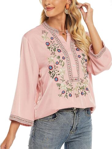 Grosy Mexican Peasant Tunic Shirts, 3/4 Sleeve Boho Embroidered Tops for Women, Plus Size Floral Bohemian Tunics Blouse in Kuwait