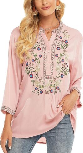 Grosy Mexican Peasant Tunic Shirts, 3/4 Sleeve Boho Embroidered Tops for Women, Plus Size Floral Bohemian Tunics Blouse in Kuwait