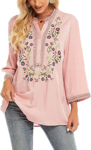 Grosy Mexican Peasant Tunic Shirts, 3/4 Sleeve Boho Embroidered Tops for Women, Plus Size Floral Bohemian Tunics Blouse in Kuwait
