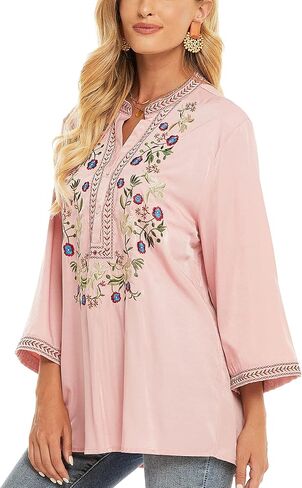 Grosy Mexican Peasant Tunic Shirts, 3/4 Sleeve Boho Embroidered Tops for Women, Plus Size Floral Bohemian Tunics Blouse in Kuwait
