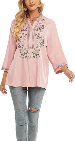 Grosy Mexican Peasant Tunic Shirts, 3/4 Sleeve Boho Embroidered Tops for Women, Plus Size Floral Bohemian Tunics Blouse in Kuwait