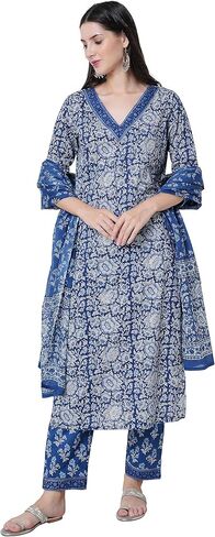 مجموعة كورتا مستقيمة من القطن للنساء من Arayna مع وشاح وبنطلون Palazzo، كورتي أزرق مطبوع عليه زهور in Kuwait