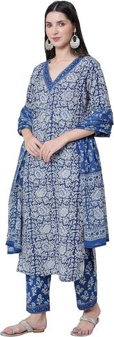 مجموعة كورتا مستقيمة من القطن للنساء من Arayna مع وشاح وبنطلون Palazzo، كورتي أزرق مطبوع عليه زهور in Kuwait