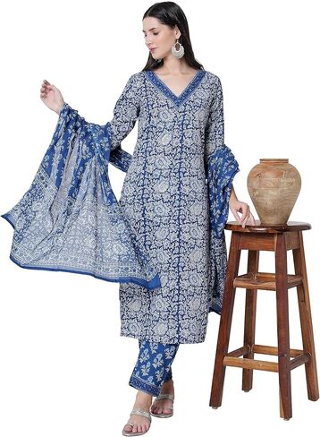 مجموعة كورتا مستقيمة من القطن للنساء من Arayna مع وشاح وبنطلون Palazzo، كورتي أزرق مطبوع عليه زهور in Kuwait