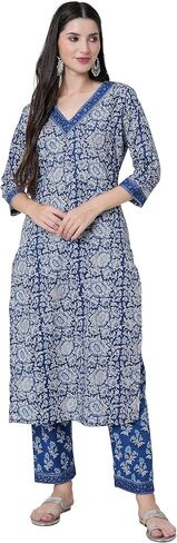 مجموعة كورتا مستقيمة من القطن للنساء من Arayna مع وشاح وبنطلون Palazzo، كورتي أزرق مطبوع عليه زهور in Kuwait