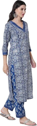 مجموعة كورتا مستقيمة من القطن للنساء من Arayna مع وشاح وبنطلون Palazzo، كورتي أزرق مطبوع عليه زهور in Kuwait