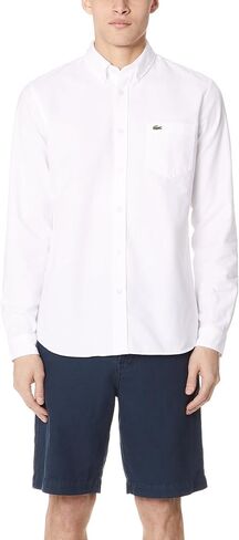 Lacoste Men's Long Sleeve Button Down with Pocket Oxford Solid Regular Fit, White/White, X-Large in Saudi Arabia