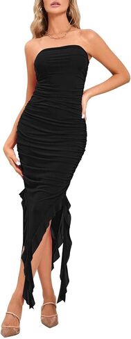 Pink Queen Women's Summer Elegant Sleeveless Bodycon Dresses Mesh Frill Hem Cocktail Party Dress in Saudi Arabia