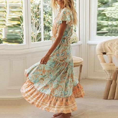 فستان نسائي صيفي من R.Vivimos مصنوع من القطن بطبعة زهور وأكمام قصيرة in Kuwait