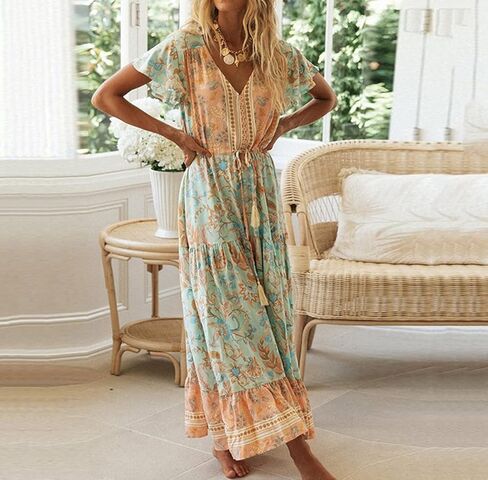 فستان نسائي صيفي من R.Vivimos مصنوع من القطن بطبعة زهور وأكمام قصيرة in Kuwait