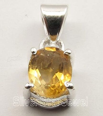 SilverStarJewel Yellow Oval Faceted Citrine Prong Setting Pendant 0.7" Sterling Silver in Saudi Arabia