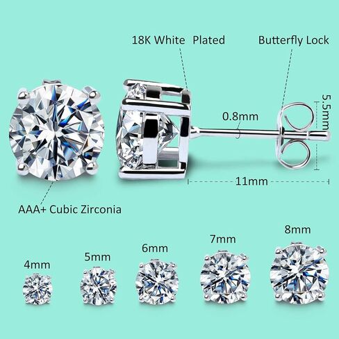 5 Pairs Stud Earrings Set 18K White Gold Plated Cubic Zirconia Hypoallergenic Earrings Pack CZ 4-8mm in Saudi Arabia