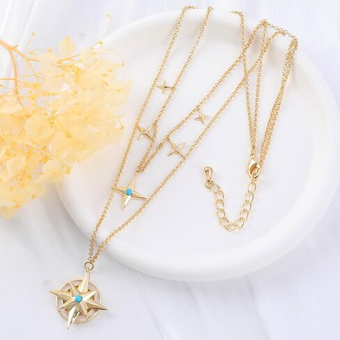 الطبقات قلادة نجمة ذهبية للنساء سباركلي تتدلى نجمة الشمال قلادة المختنق قلادة قابل للتعديل سلسلة مزدوجة الطبقات مطلية بالذهب النجمي البوصلة سحر قلادة الأزياء والمجوهرات هدية للفتيات in Kuwait