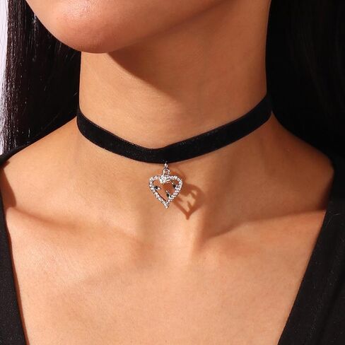 Zeshimb Gothic Black Velvet Choker Necklace Silver Cubic Zirconia Open Heart Collar Necklace Dainty Diamind Love Heart Choker Chain Necklace Cosplay Gifts Jewelry for Women Girls in Saudi Arabia