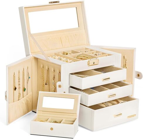 Homde Jewelry Box for Women Girls with Small Travel Case Mirror Necklace Ring Earrings Organizer (White + Gold) in Kuwait