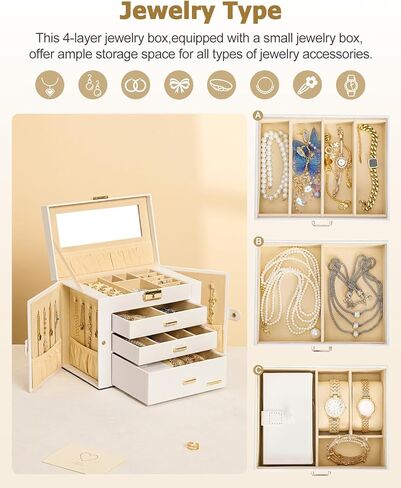 Homde Jewelry Box for Women Girls with Small Travel Case Mirror Necklace Ring Earrings Organizer (White + Gold) in Kuwait