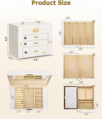 Homde Jewelry Box for Women Girls with Small Travel Case Mirror Necklace Ring Earrings Organizer (White + Gold) in Kuwait