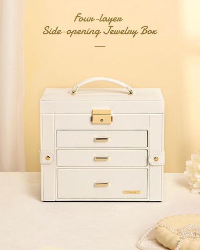 Homde Jewelry Box for Women Girls with Small Travel Case Mirror Necklace Ring Earrings Organizer (White + Gold) in Kuwait