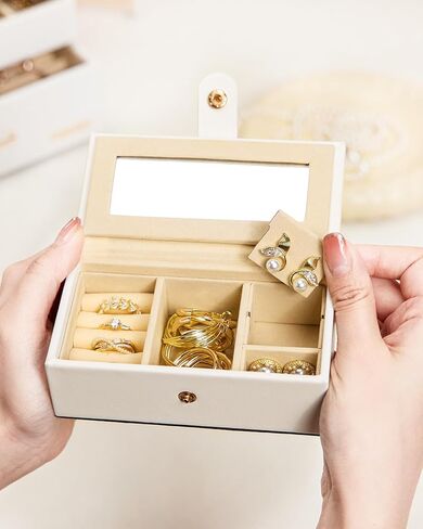 Homde Jewelry Box for Women Girls with Small Travel Case Mirror Necklace Ring Earrings Organizer (White + Gold) in Kuwait