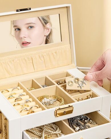 Homde Jewelry Box for Women Girls with Small Travel Case Mirror Necklace Ring Earrings Organizer (White + Gold) in Kuwait