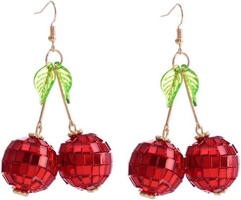 Cute Sweet Fruit Glitter Beads 3D Red Cherry Drop Earrings Disco Mirror Ball Earrings for Women Girls Dancing Party Jewelry in Saudi Arabia