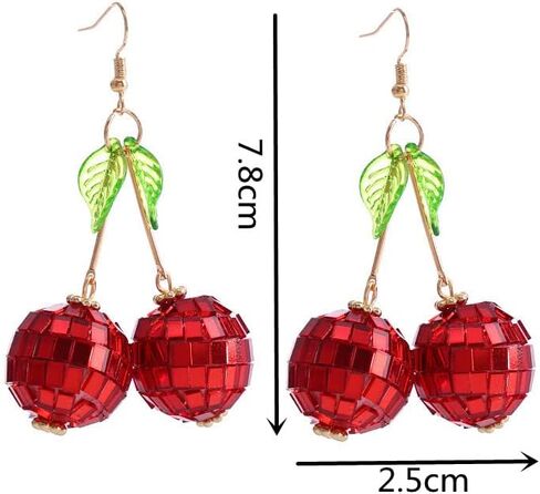 Cute Sweet Fruit Glitter Beads 3D Red Cherry Drop Earrings Disco Mirror Ball Earrings for Women Girls Dancing Party Jewelry in Saudi Arabia